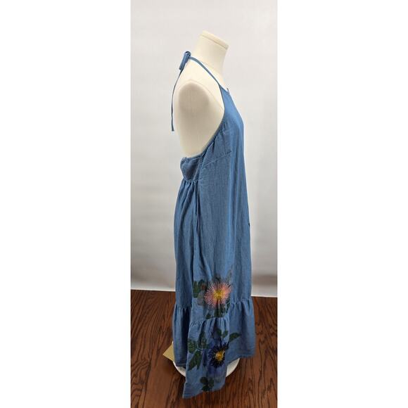 Anthropologie Pilcro Embroidered Denim Halter Midi Dress - Picture 2 of 5